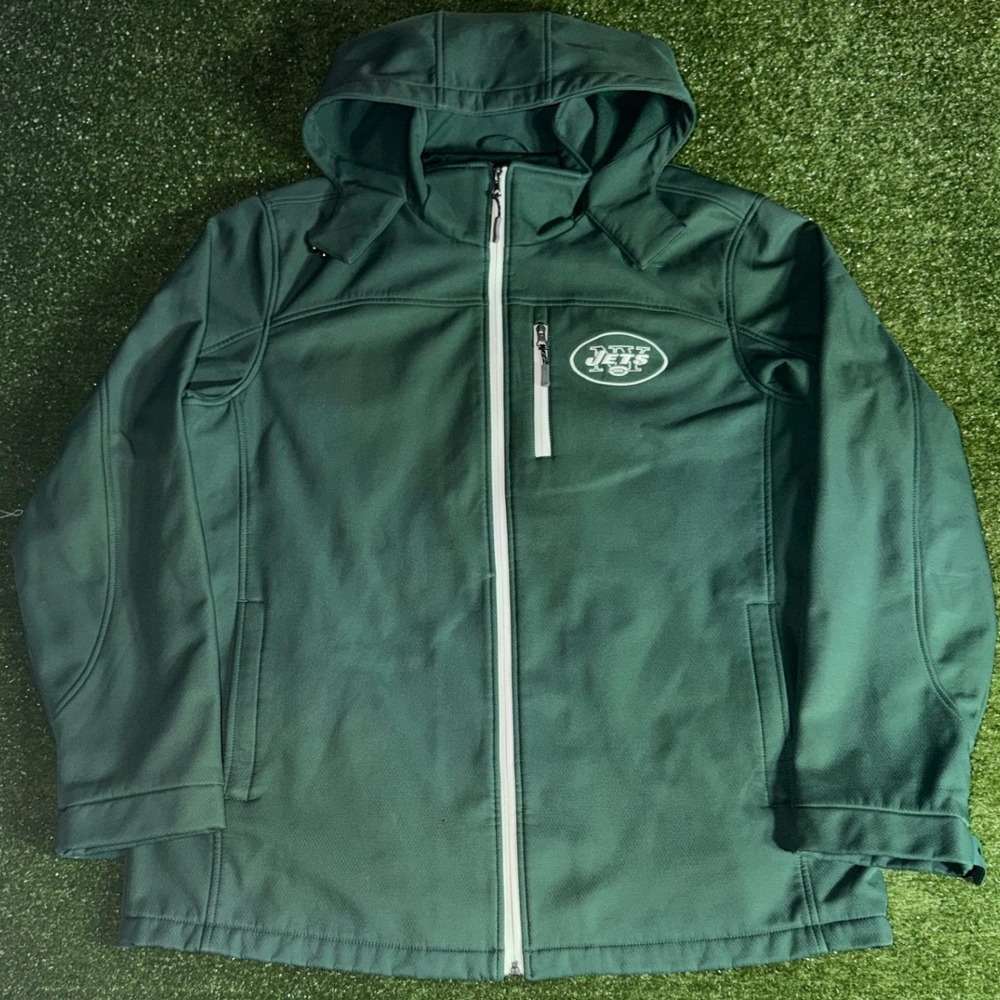 NFL New York Jets Mens XL Softshell Hooded Jacket Full‎ Zip Green Fleece Lined